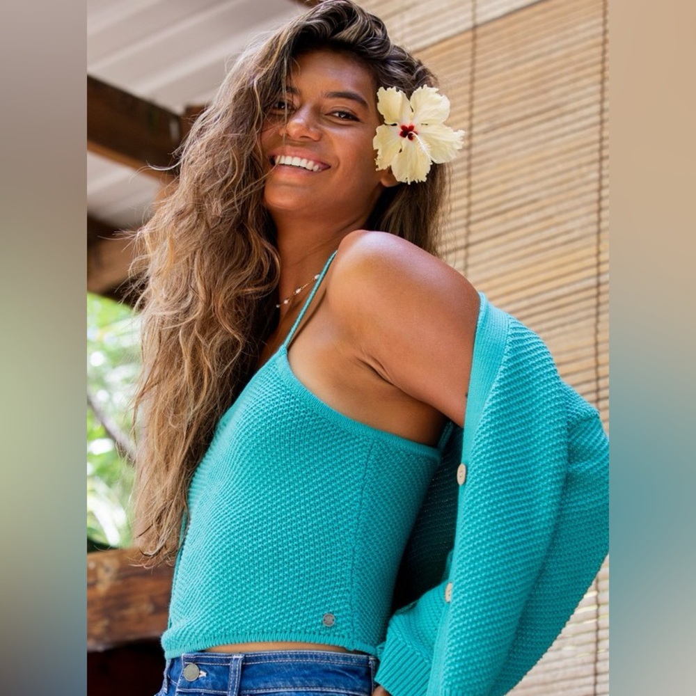 Roxy Summer Teal Pure Sunshine Knit Sleeveless Adjustable Strap Vacation Tank